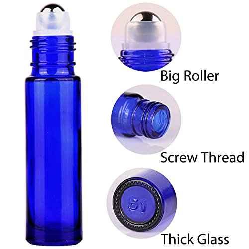 inice 24 Pack,10ml Roller Bottles for Essential Oils Cobalt Blue Glass Stainless Steel Roll On Ball Bottles for Travel