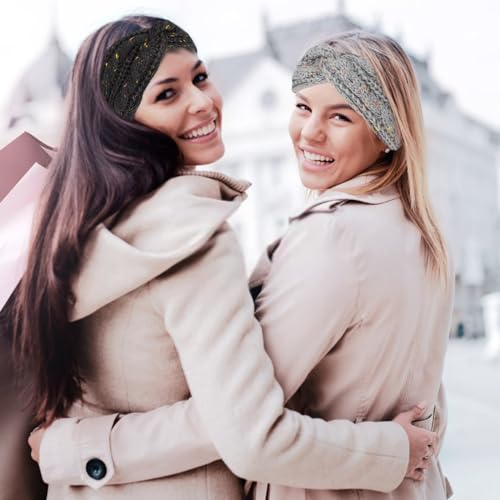 CAVETEE Headbands, 2 Pieces Winter Hairbands for Women - Soft Wool Ear Muffs for Winter, Crochet Ear Protector Bandana Lined with Plush Fleece, Elastic for Women Girls