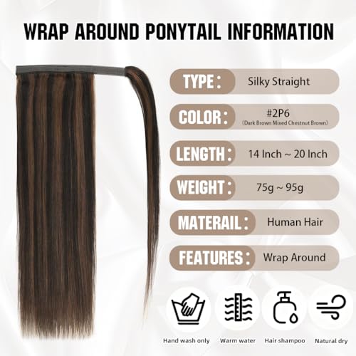 Ponytail Extension Human Hair 18 Inch Dark Brown to Chestnut Brown Silky Straight Clip in Hair Extensions Wrap Around Ponytail Hair Piece for Girls(18 inch Dark Brown to Chestnut Brown #2P6 85G)