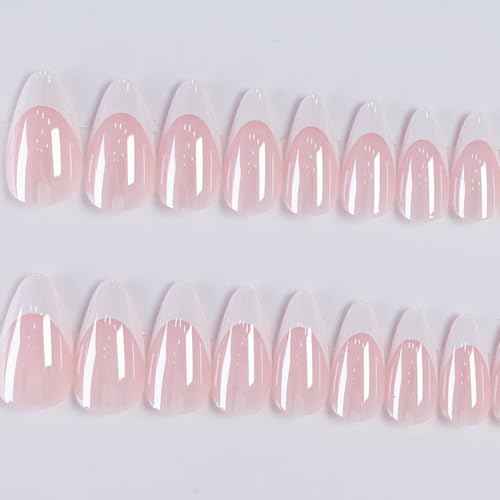 French Tip Press on Nails Almond Fake Nails Press ons with Designs Chrome False Nails Medium Glossy Full Cover Glue on Nails French Acrylic Stick on Nails for Women Nail Manicure Decoration 24Pcs