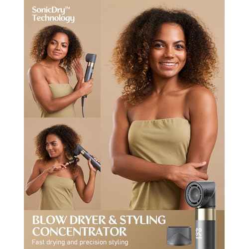 FanttikSolo 6 in 1 AirWave Air Auto Wrap Styler, Ionic Hair Dryer Brush for Curling, Straightening, Volumizing and Drying, Hair Multi-Stylers with Storage Bag, Curlers, Smooth Brush, Concentrator