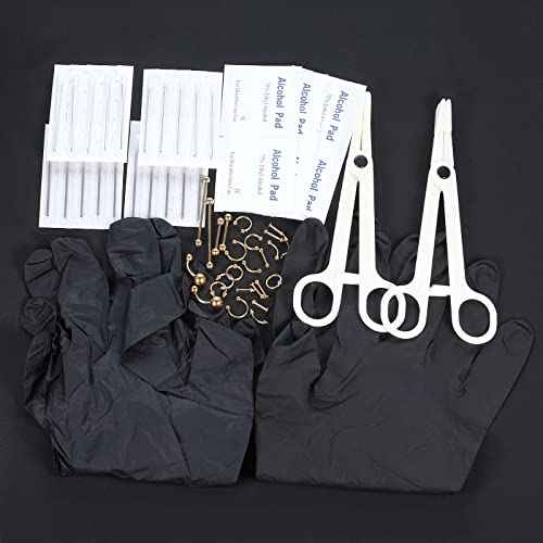 58PCS Body Piercing Kit Surgical Steel 14G 16G BCR CBR Labret Lip Rings Cartilage Daith Earrings Belly Button Rings Nose Septum Piercing Jewelry Needles Gloves Clamps Tools