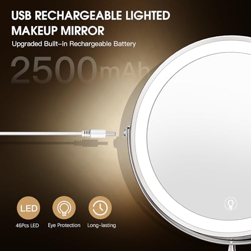 Wall Mounted Lighted Makeup Mirror, 8" Rechargeable Double-Sided Light up Magnifying Mirror 1x/10x, 3 Color Led Vanity Mirror with Lights, Touch Dimmable 360¡Æ Rotation Foldable-Nickel