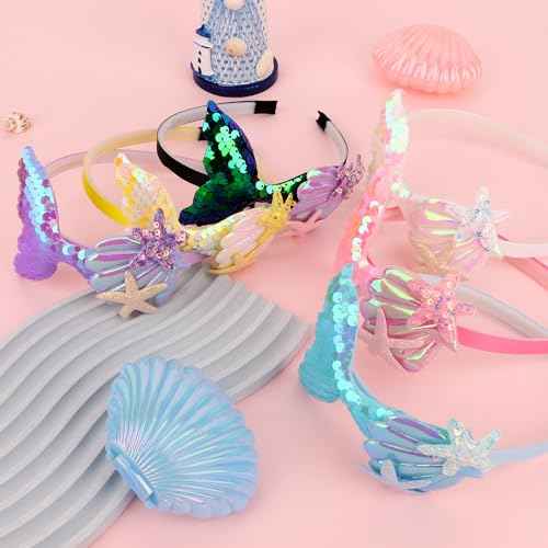 6Pcs Mermaid Headbands for Girls Fish Tail Hair Band for Women White Pink Blue Purple Yellow Multi-colored Headbands Seashell Ocean Theme Cute Headband