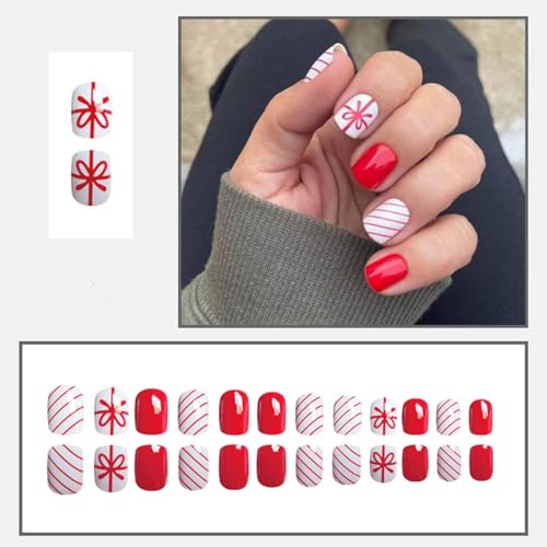 24 Pcs Christmas Press On Nails Short Square - ZIFANHU Cute Red Fake Nails Press Ons Nail Art Tips Full Cover Acrylic Glossy False Nails with Red Line Gift Box Design Glue on Nails for Women Girls
