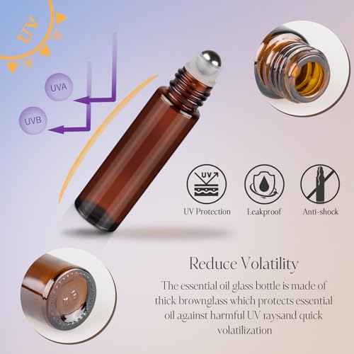 ZEJIA 10ml Roller Bottles for Essential Oils, 6 Pack Glass Roll on Bottles, Refillable Perfume Bottle, with Stainless Steel Roller Balls, 2 Droppers, 1 Opener, Labels(Amber)