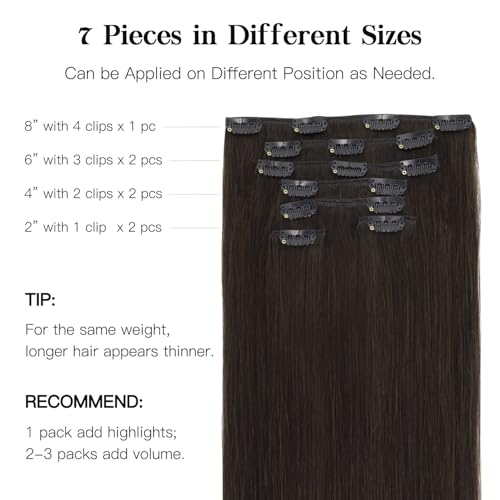 HOTBANANA Human Hair Clip in Hair Extensions, Dark Brown 120g Clip in Hair Extensions Real Human Hair Straight Remy Hair 22 Inch 7pcs