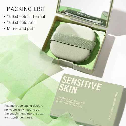 KYDA 200 Sheets Face Oil Blotting Paper, Included Refills, Mirror and Puff, Oil Absorbing Sheets for Makeup, Oil Control Shine, Absorb Excess Oil, Travel Size Gentle Face Makeup, Green Tea