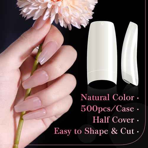 krofaue 500PCS Half Cover False Nails Tips - Acrylic Nail Tips 10 Sizes Lady French Style Acrylic Artificial Tip Manicure with Box for Nail Tips Art Salons and Home DIY