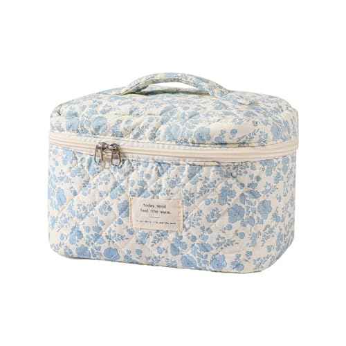 uekeboag Large Travel Quilted Makeup Bag for Women, Floral Cotton Cosmetic Bag, Coquette Aesthetic Floral Toiletry Organizer Bag