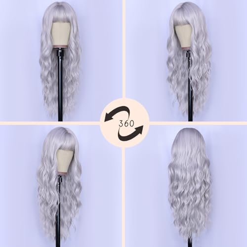 NAYOO Gray Wigs with Bangs - Long Curly Wavy Synthetic Fiber Wigs for Daily Party Use - Heat Resistant - 26 Inches (Silver Gray)