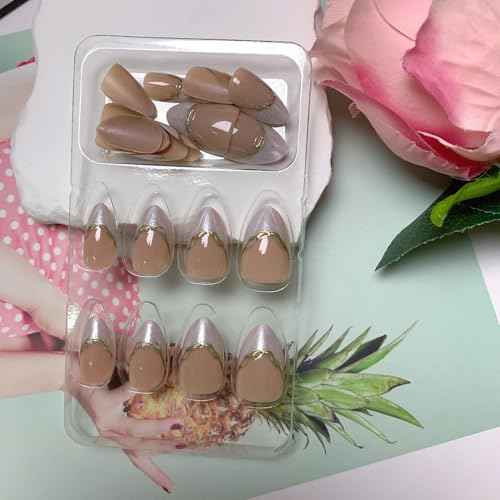 Almond Press on Nails Short Fake Nails White French Glue on Nail Glod & Brown Full Cover Acrylic Nails Smudge Reusable False Simple Stick on Nail for Women 24 Pcs