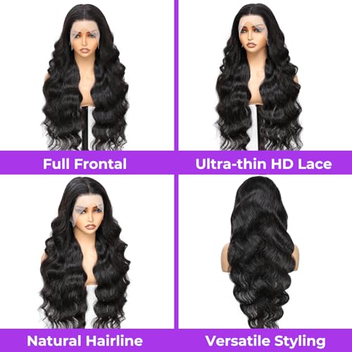 Body Wave Lace Front Wigs Human Hair 13x4 HD Lace Frontal Body Wave Human Hair Wig for Women 180% Density Brazilian Virgin Hair Pre Plucked Glueless Body Wave Wig Natural Black 28inch
