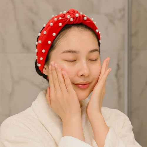 Marsrut Red Pearl Knotted Headband Women Girls, Fashion Cute Top Knot Velvet Hairband Non Slip Trendy Pretty for Valentines Christmas Easter, Beaded Wide Hair Accessories, Elegant Jeweled Embellished