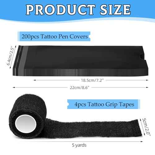 200PCS Tattoo Pen Covers with Self-adhesive Strip 4PCS Tattoo Grip Wrap Bandages Tattoo Machine Bags Tattoo Supplies Accessories (Black, 200pcs Bags+4pcs Tape)