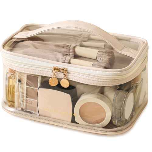 Large Clear Makeup Bag Big Cosmetic Bags Waterproof Toiletry Orangizer with Handle Transparent Toiletries Case Travel Pouch for Women Girls Daily Beauty Purse Essentials Skincare Bag Off White