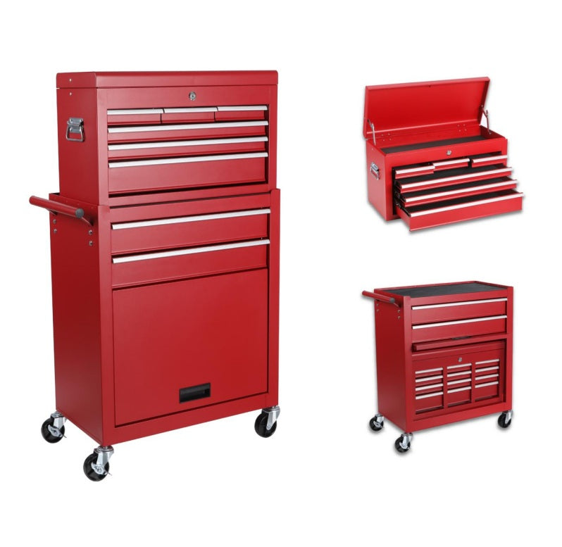 8-Drawer Tool Cabinet Combo with Lock - Red Rolling Storage Chest