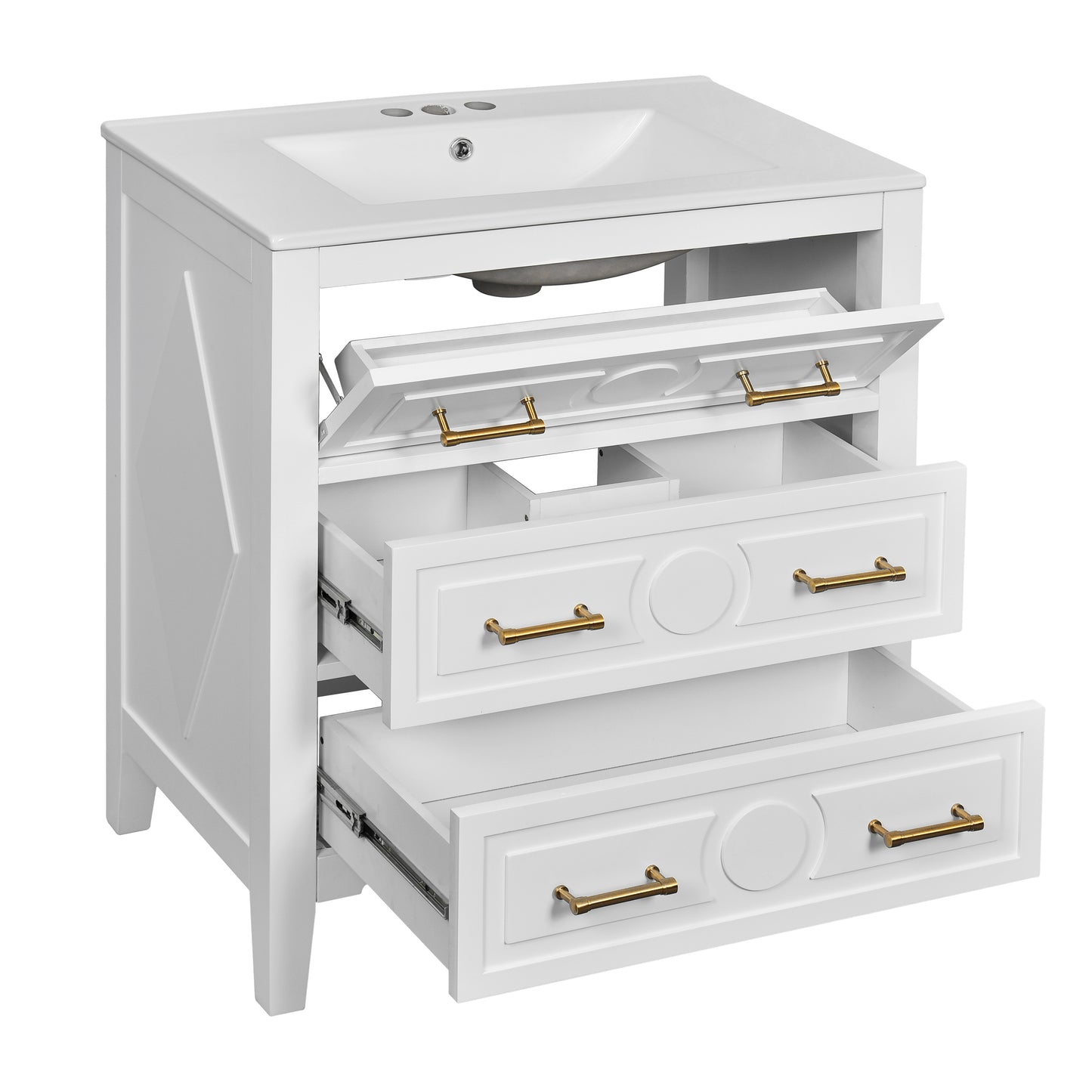 30'' White Bathroom Vanity with Ceramic Sink and 3 Drawers