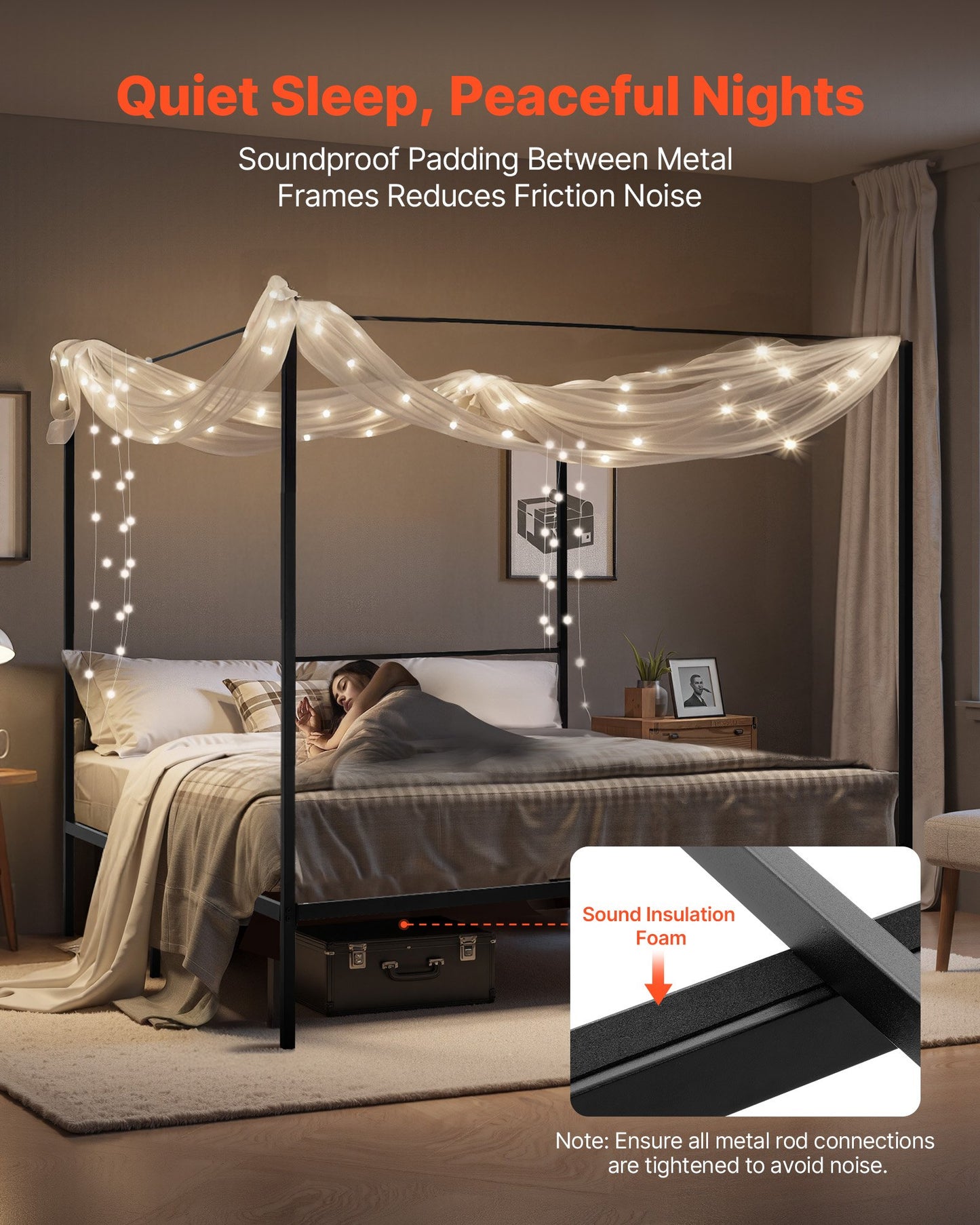 King Size Metal Canopy Bed Frame with Storage and Charging Station - Black