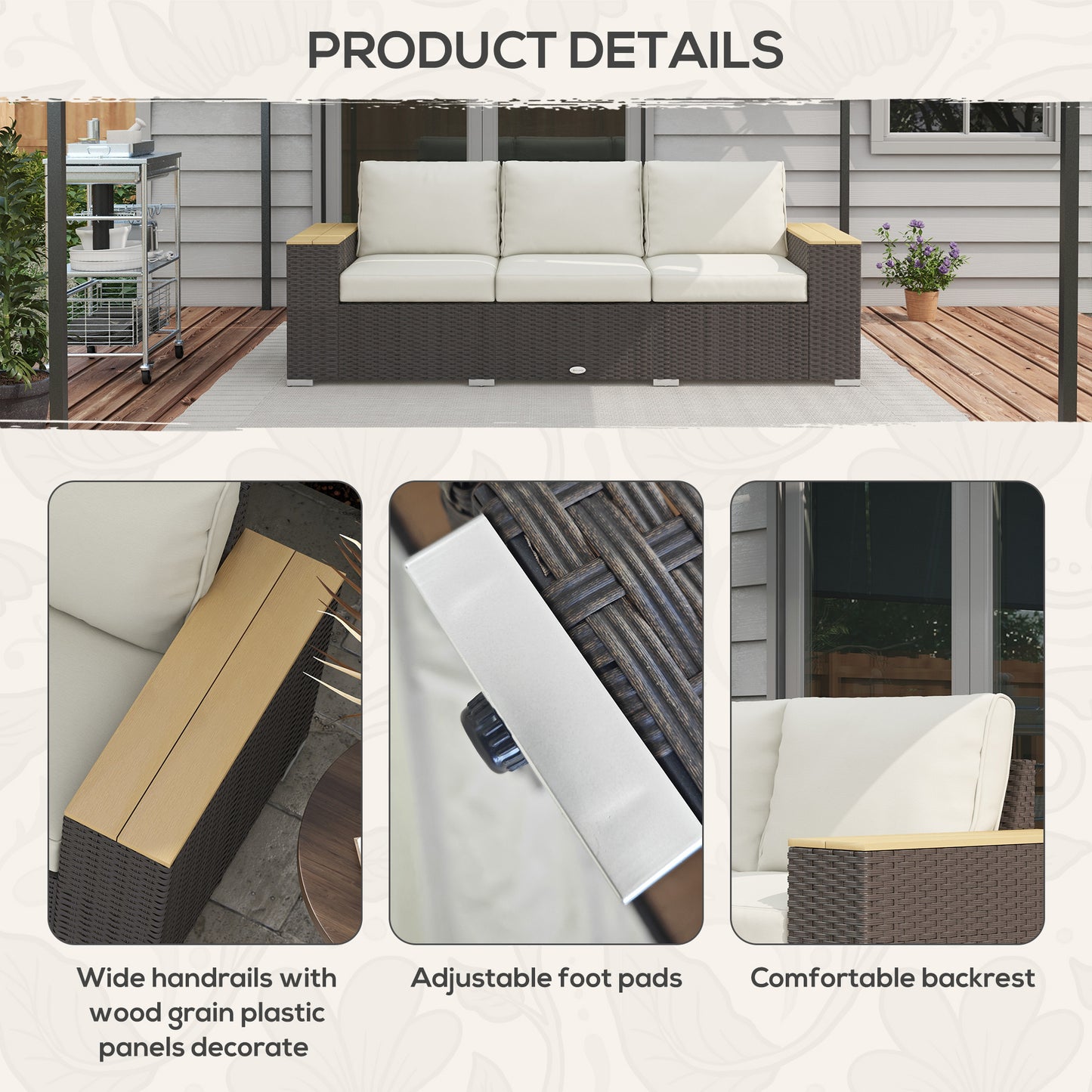 3-Seat Outdoor Wicker Sofa with Deep Seats & Cushions - Beige