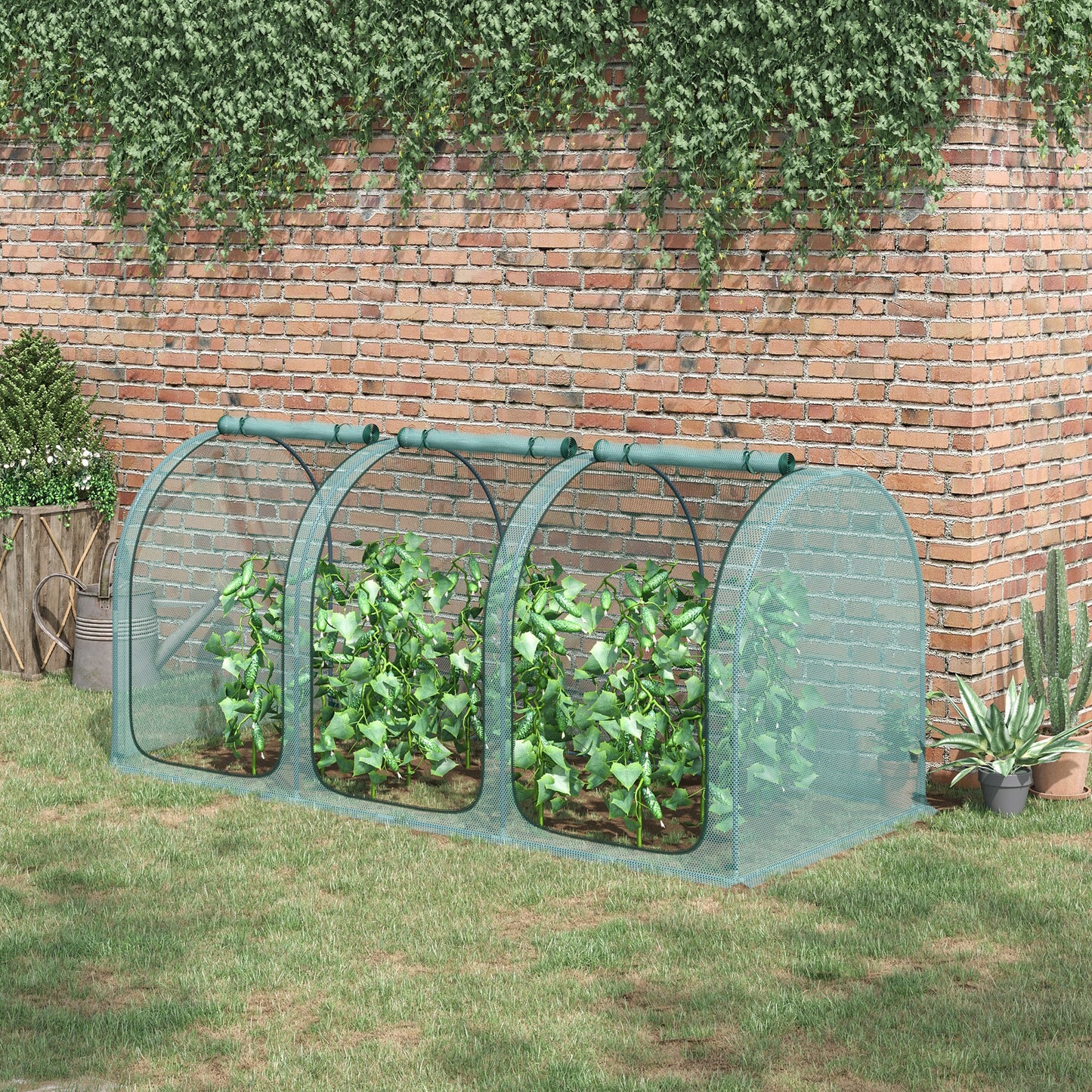 Garden Crop Cage with Zippered Doors and Ground Stakes, 9x4 ft Green