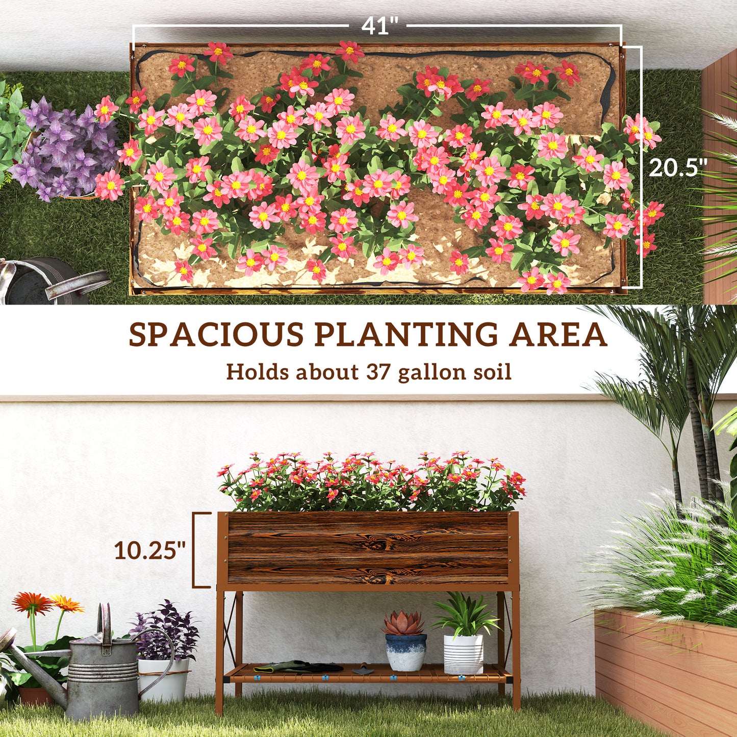 Galvanized Steel Raised Garden Bed with Storage Shelf - Dark Brown, 1180x360x95mm