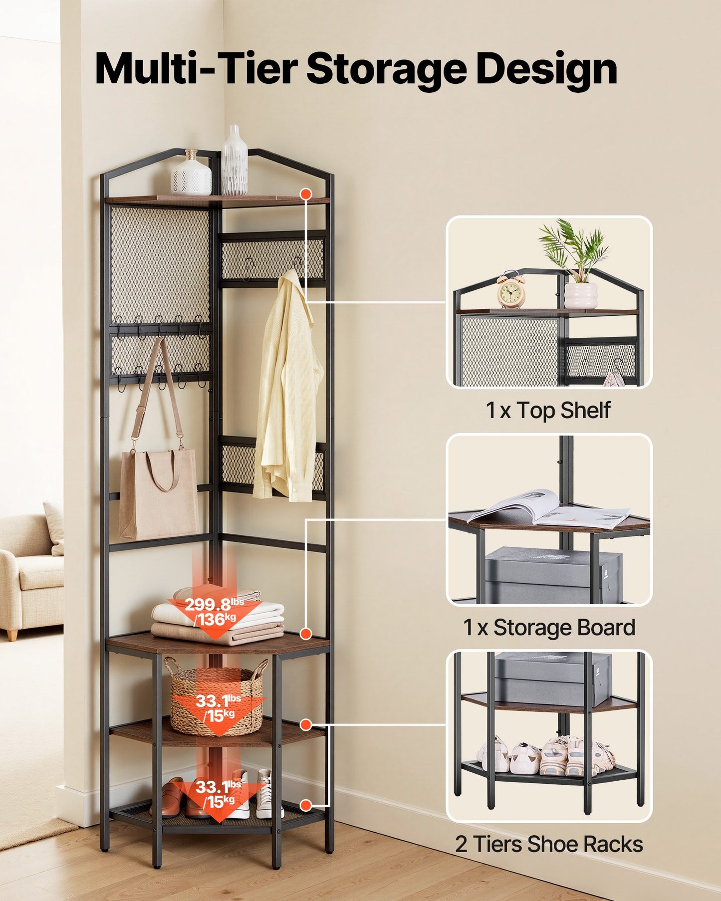 Corner Coat Rack with Hooks & Top Shelf - 71.3 Inch Freestanding Storage Organizer