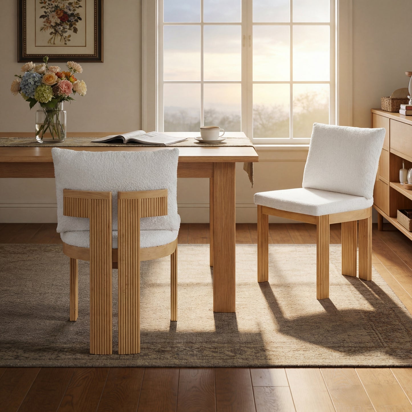 Indoor Boucle Dining Chair Set of 2 - Plush Beige Rubber Wood