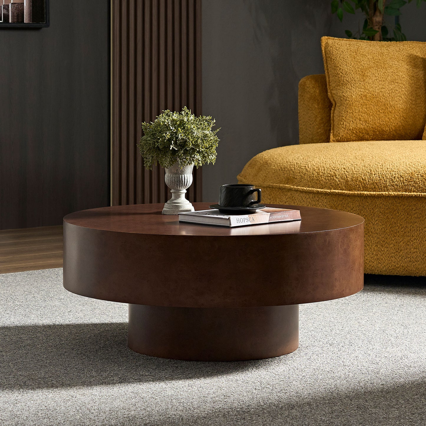 31.49" Faux Burl Wood Coffee Table with Sturdy Pedestal - Walnut