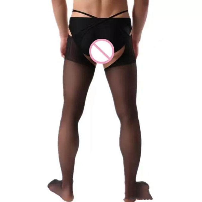 Men's Black Silk Stockings Bodystocking Crotchless Sheer Lingerie