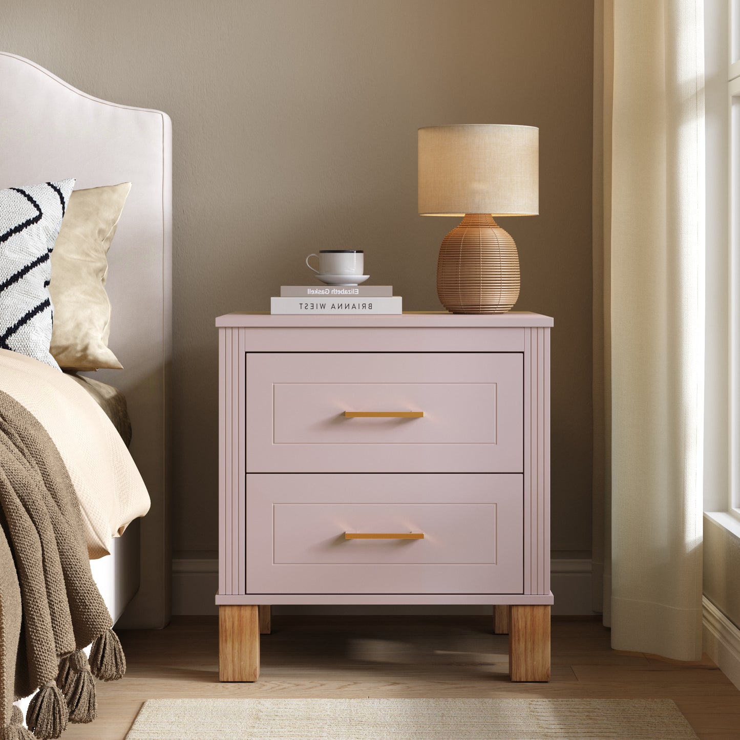 2 Drawer Nightstand - Elegant Fluted Design, Solid Wood Legs, Pink