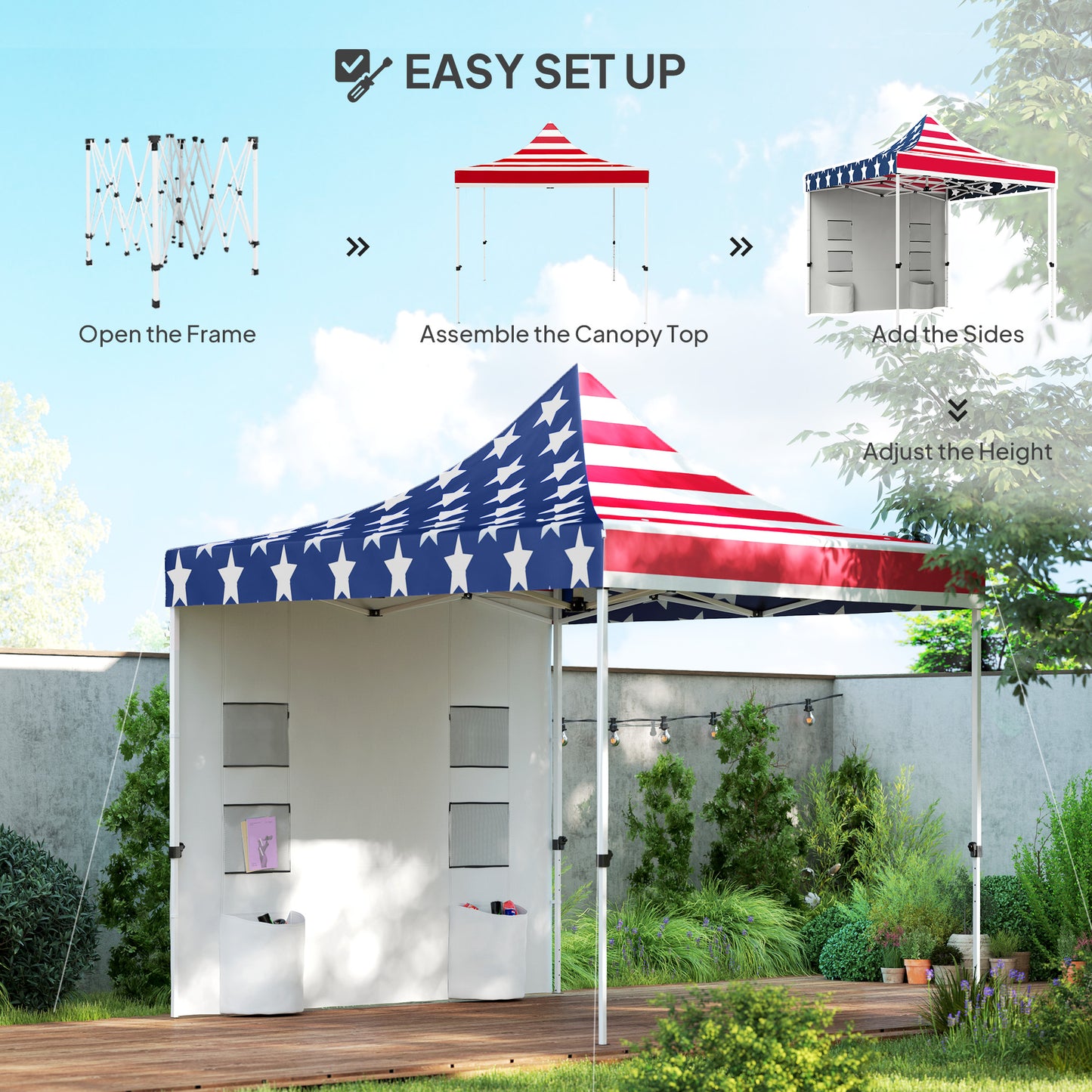 Heavy Duty 10x10 Pop Up Canopy Tent with Sidewall - American Flag