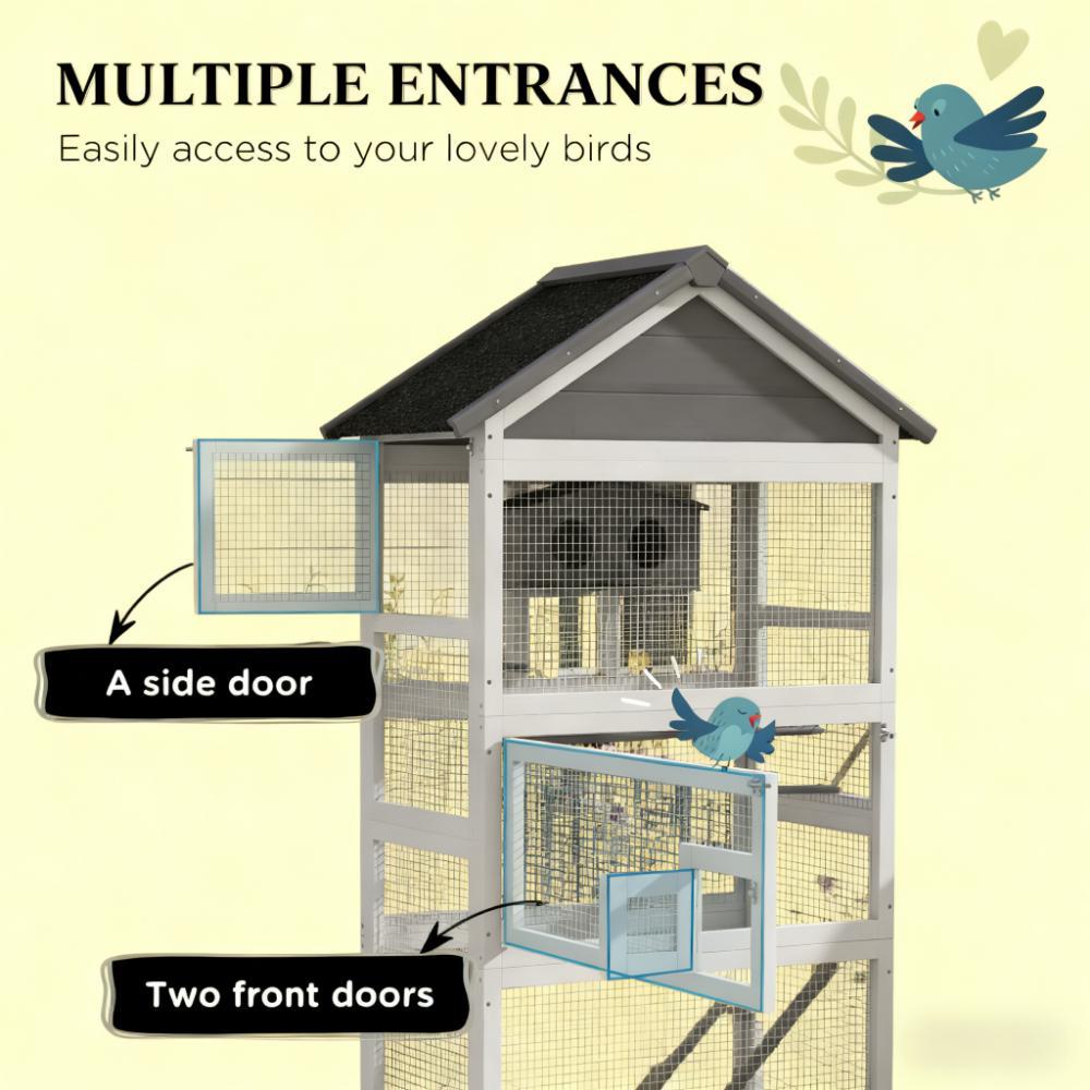 Spacious Wooden Bird Aviary with Slide-Out Tray & Perches - Black+Grey