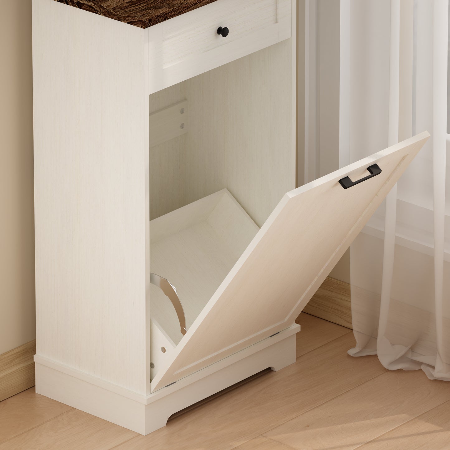 Tilt-Out Trash Cabinet - Freestanding Wood Recycling Bin with Drawer, Antique Brown & White