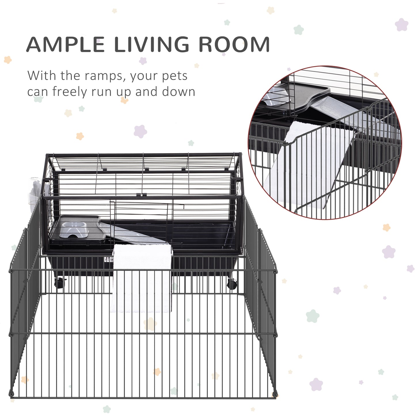Rolling Metal Small Animal Cage with Main House and Run - Black & Beige, 930x240x515 mm