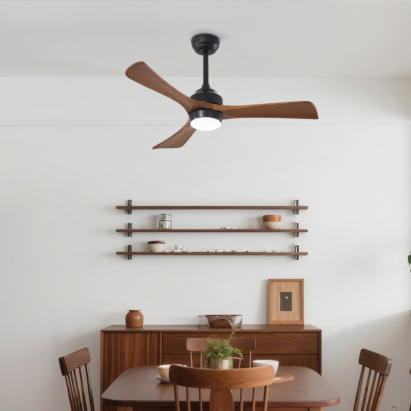 42" Matte Black Wood Blade Ceiling Fan with Remote Control & Lights