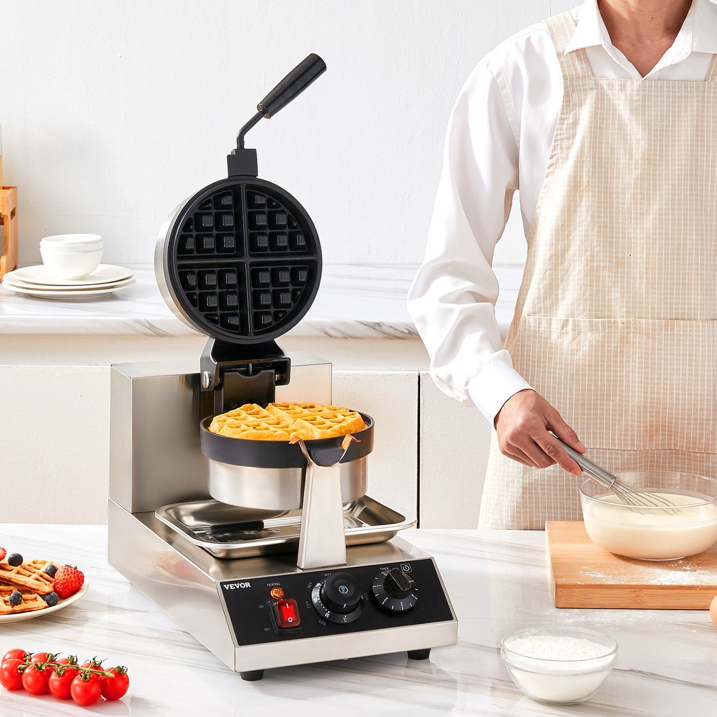 Commercial Round Waffle Maker 1300W Non-Stick Rotatable Kitchen Appliance