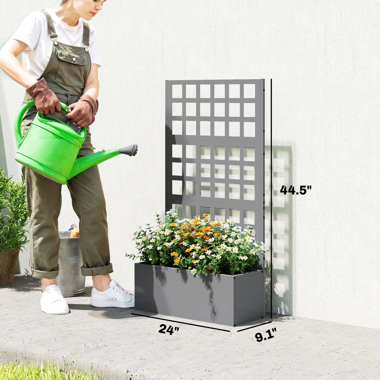 Galvanized Raised Garden Bed with Trellis - Vegetable and Climbing Plant Planter, 24x9x44.5 inches, Gray