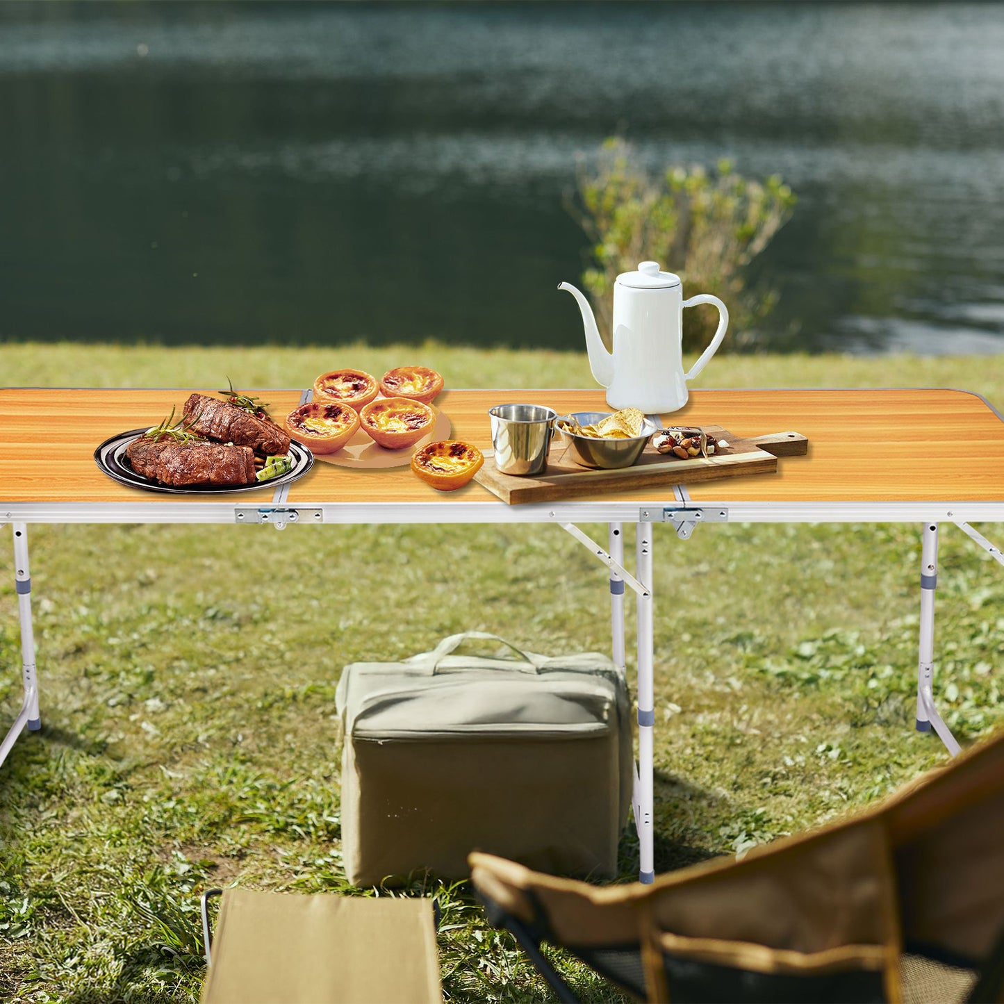 6ft Wood Grain Folding Table - Aluminum Alloy Tri-Fold Design