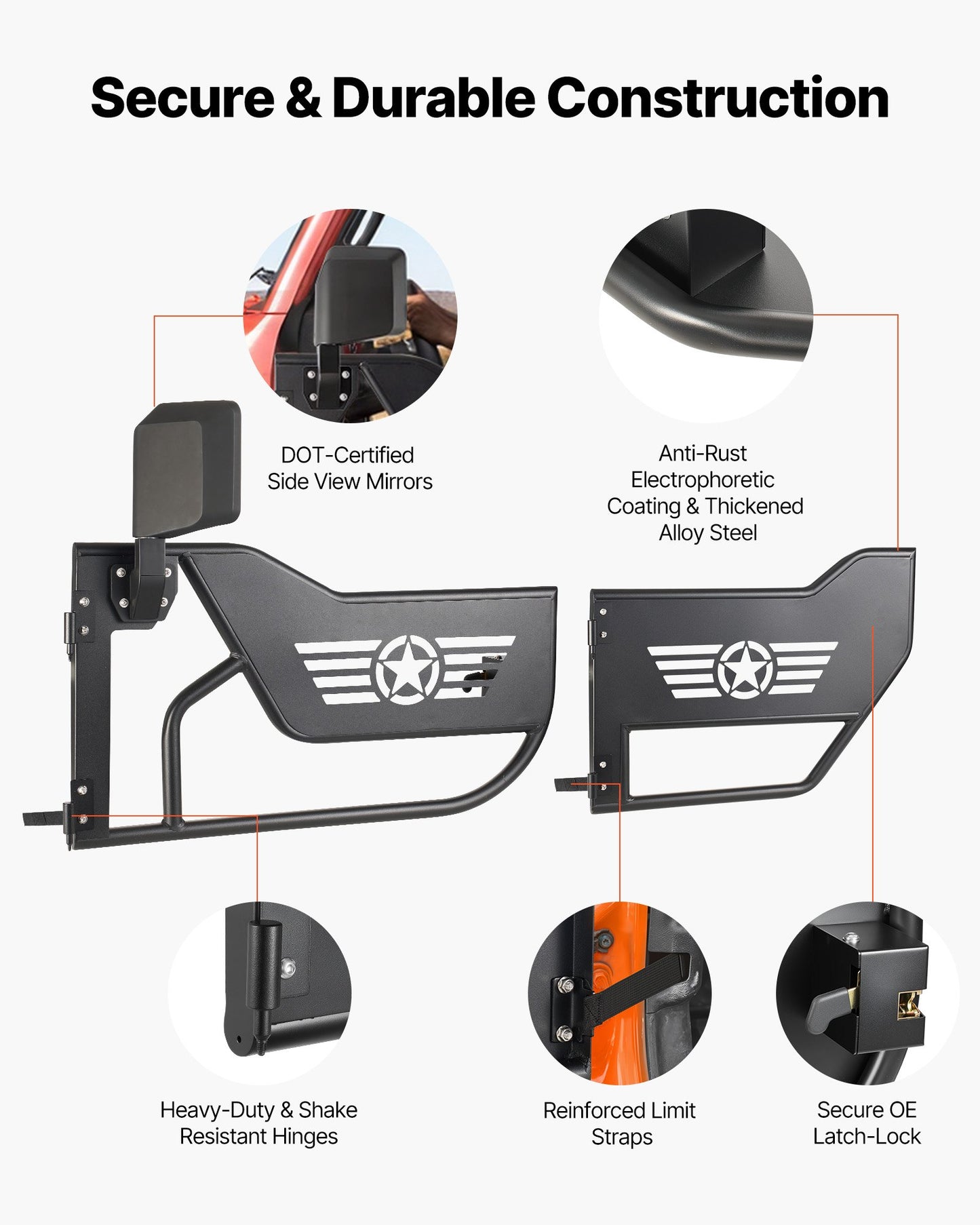 Jeep Tube Doors 4-Door Off-Road Steel Half Doors for Jeep Wrangler JL Gladiator JT Black