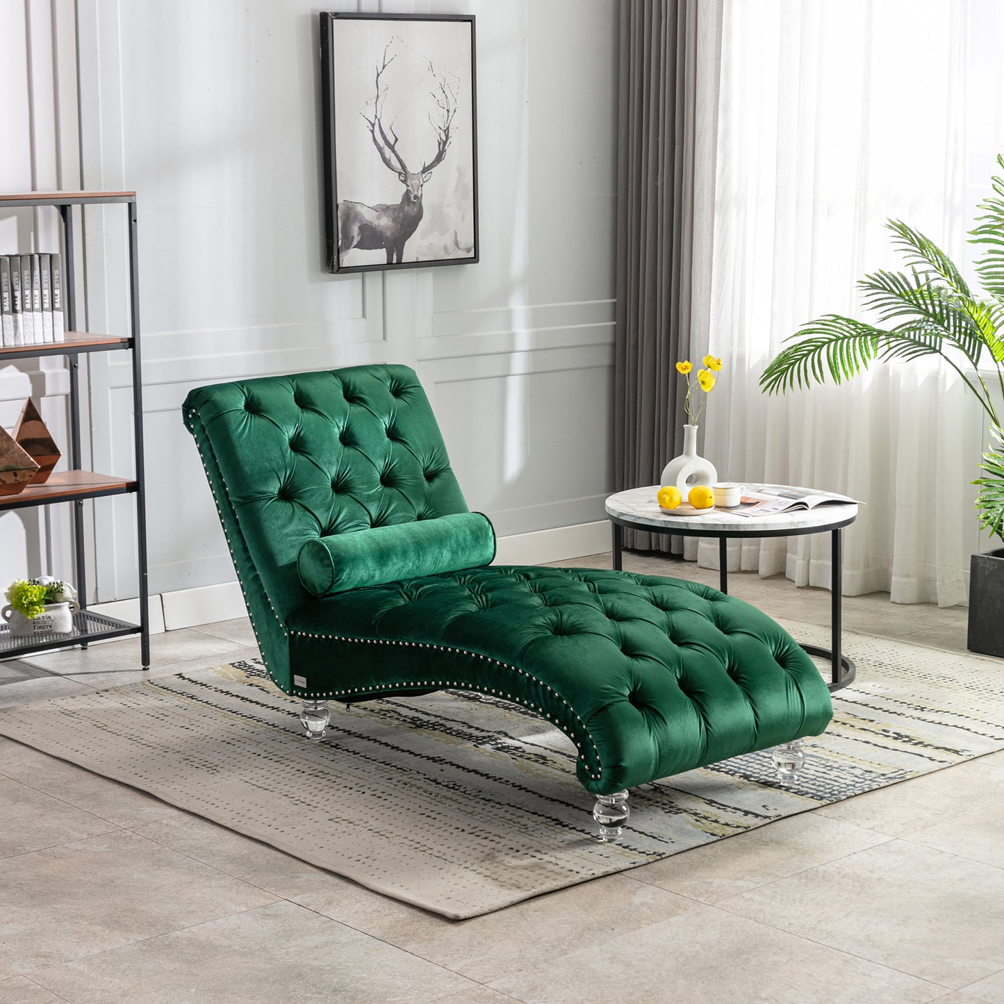 Emerald Velvet Chaise Lounge Chair - Button-Tufted with Pillow