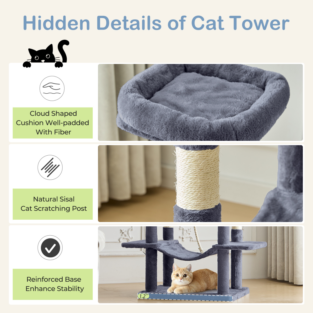 Large 66 Inch Multi-Level Cat Tree Tower with Condos & Hammock - Indoor Pet Furniture