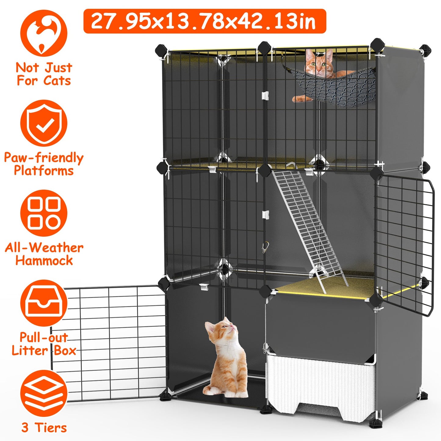 Indoor 3 Tier Cat Cage with Litter Box, Hammock, and Play Areas for Kittens