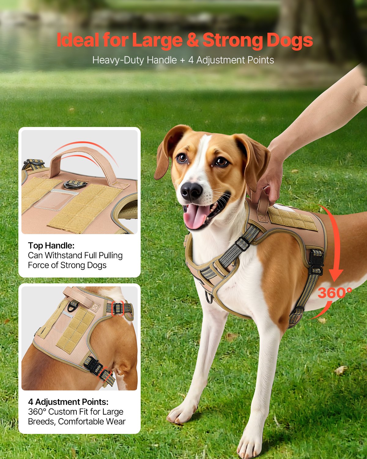 No Pull Tactical Dog Harness for Large Dogs - Adjustable Khaki Vest