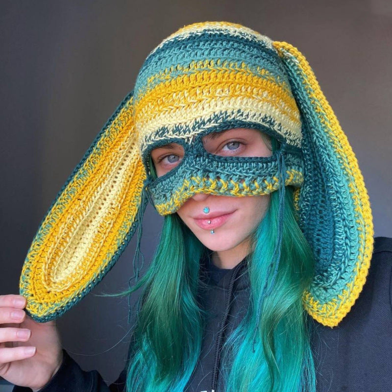 Knitted Rabbit Ear Mask Hat - Funny One-Eye Exposed Horn Thermal & Windproof