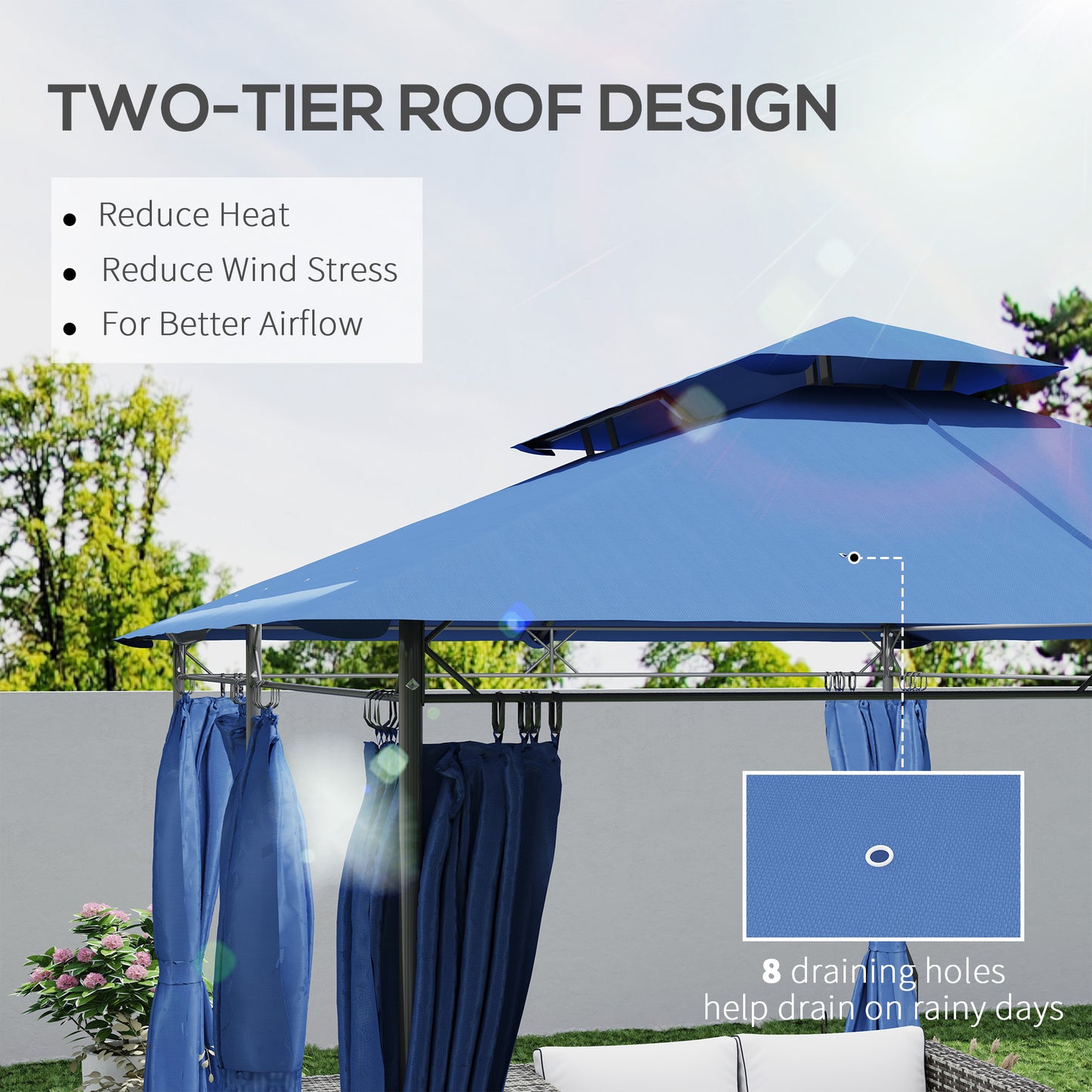 Outdoor Gazebo with Curtains - 10x13 Double Roof, Dark Blue