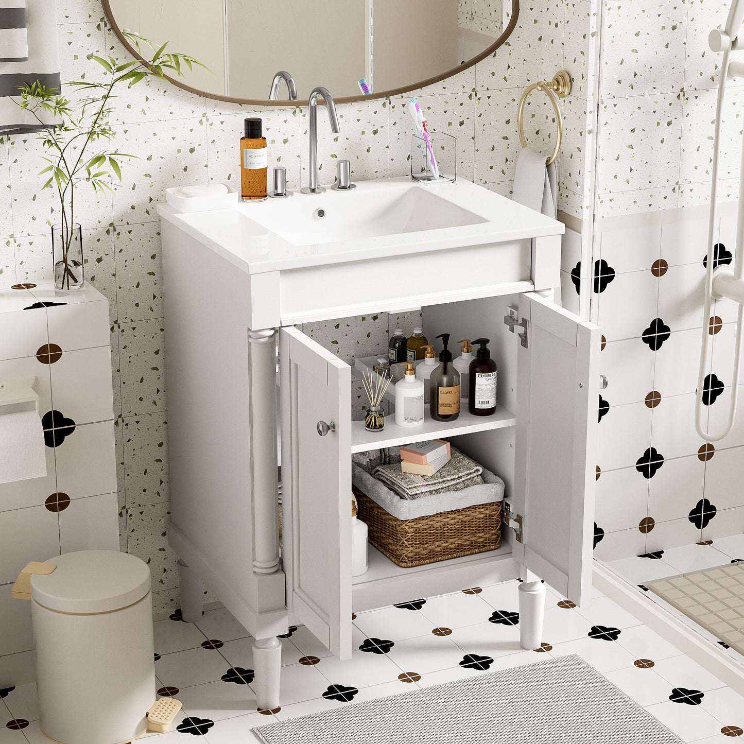 24-Inch Modern Bathroom Vanity with Ceramic Sink & Storage Cabinet