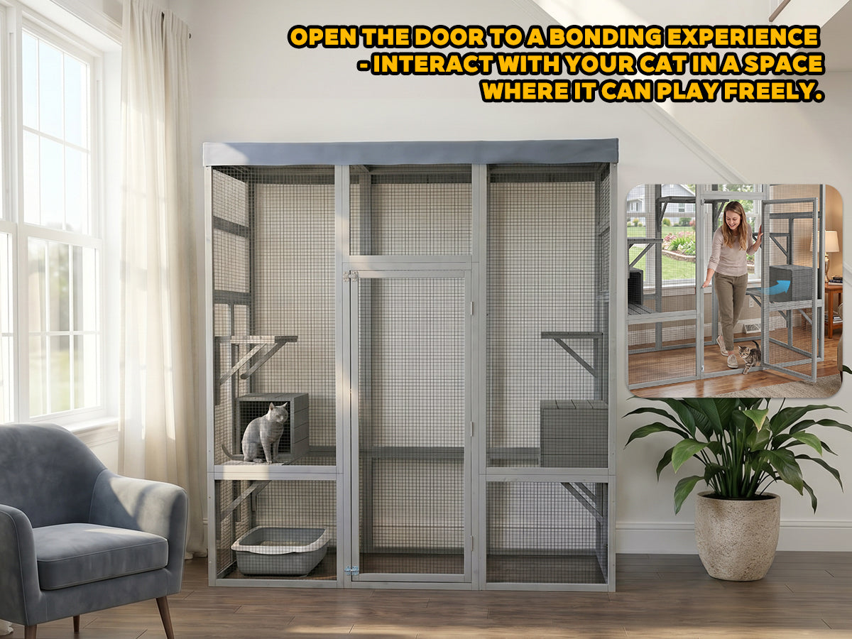 Gray Wooden Cat Enclosure with Waterproof Top, 2 Napping Boxes, Spacious & Secure