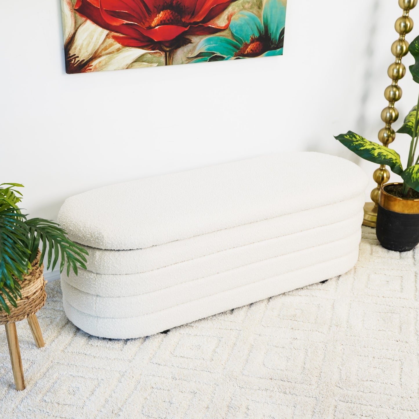 Cabana White Boucle Bench W Storage