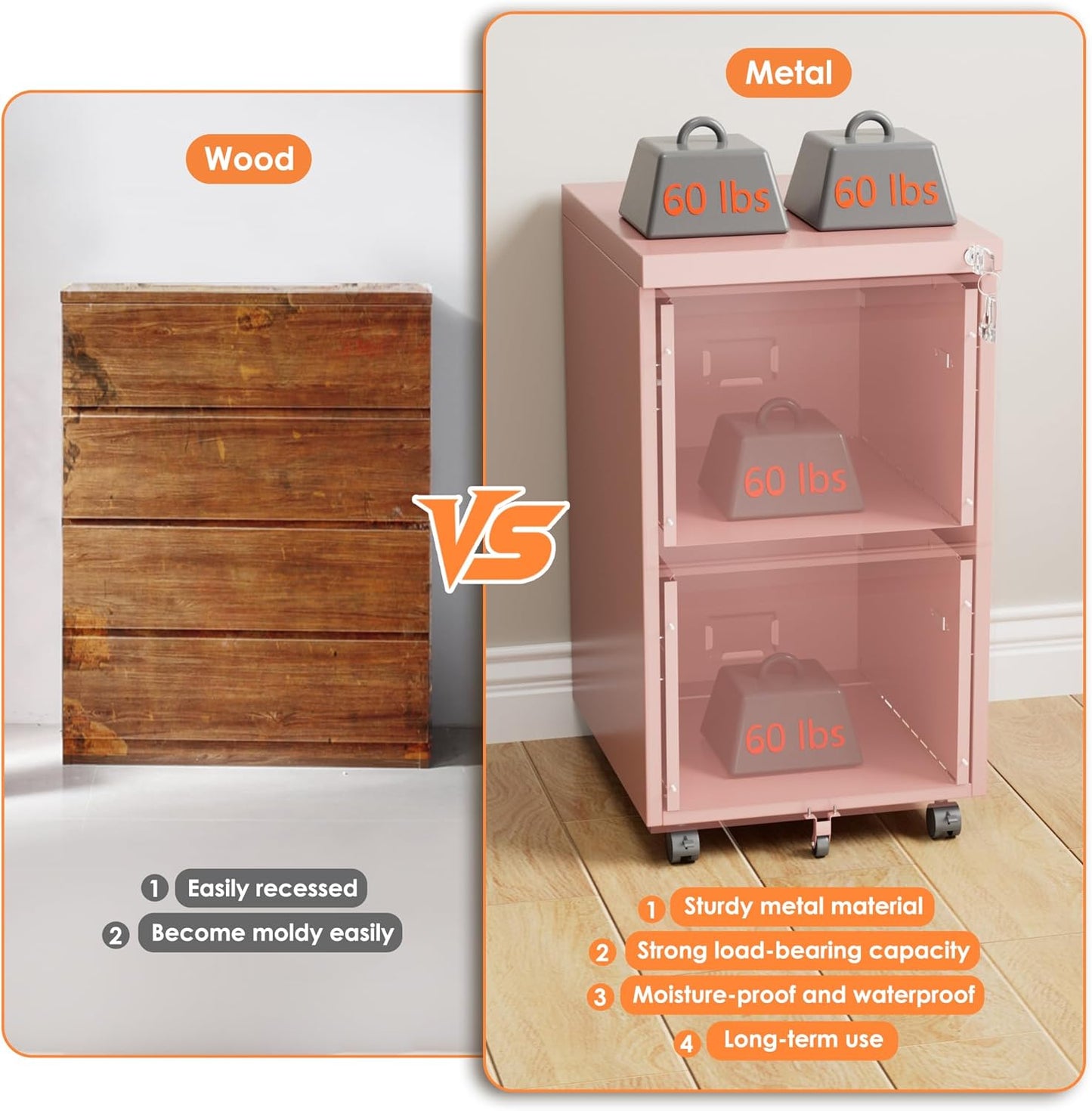 2-Drawer Mobile File Cabinet with Lock - Pink